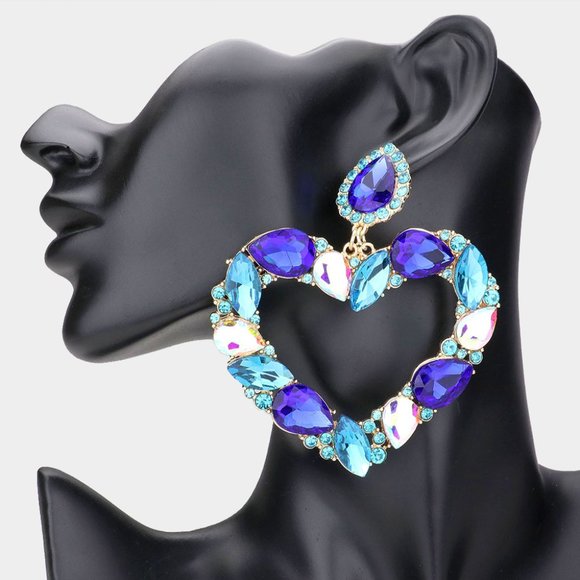 Marquise Teardrop Stone Cluster Open Heart Dangle Evening Earrings - Picture 3 of 5